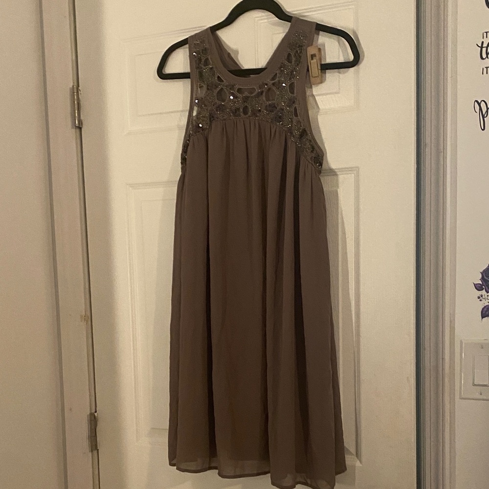Esley Sleeveless Taupe Dress with Sequin Details